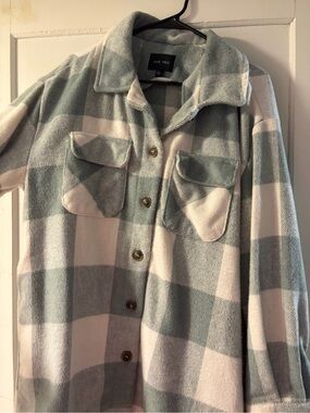 Love Tree blue & Cream Plaid Button-Front Shacket